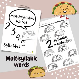 Peut inclure: Feuille de travail imprimable en noir et blanc avec un personnage de taco. La feuille de travail est conçue pour apprendre les mots polysyllabiques. La feuille de travail comprend une section pour colorier les mots de deux syllabes. Les mots sont : lapin, beignet, crayon, tasse, arc-en-ciel, heureux, taco, méduse, tigre et avocat.