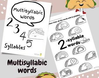 Taco Multisyllabic Words Phono Artic Worksheet, Articulation, phonological process, printable coloring page, English worksheet,Multisyllable