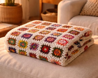 Handmade Crochet Granny Square Blanket: Boho Colorful Throw (43x43 inch)