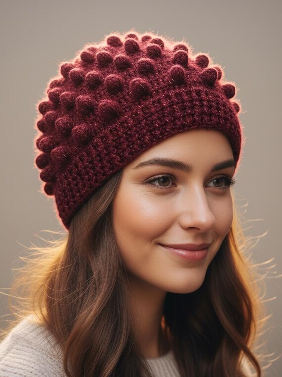 Handmade Burgundy Crochet Beanie, Shimmer Sparkle, Winter 