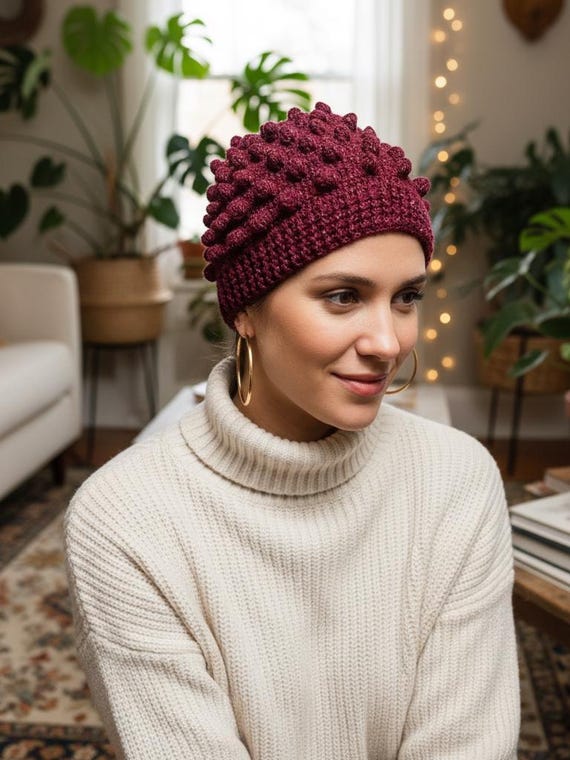 Handmade Burgundy Crochet Beanie, Shimmer Sparkle, Winter  display picture 2