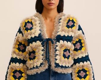 Handmade Crochet Granny Square Jacket – Boho Fringe Cotton Cardigan