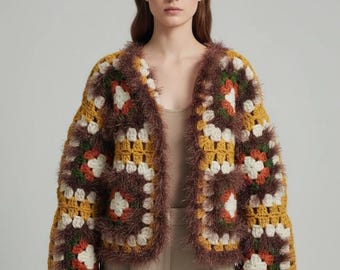 Handmade Crochet Granny Square Jacket – Boho Fringe Cotton Cardigan