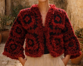 Handmade Crochet Granny Square Jacket – Boho Fringe Cotton Cardigan