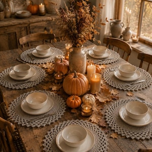 May include: A rustic wooden dining table set for six with round crocheted placemats, white ceramic bowls and plates, and silver cutlery. The centerpiece features a ceramic vase with dried wheat, orange pumpkins, and lit pillar candles.