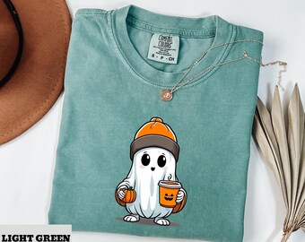Whimsical Ghost Beanie Shirt - Cozy Halloween Tee - Cute Spooky Season Top - Fall Graphic Tee - Adorable Comfort Colors