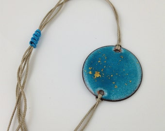 Island Teal Blue w/ 24 karat gold flakes - Vintage Recycled eco Friendly Circle Dot Disc Enamel Copper Friendship Bracelet