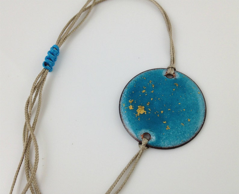 Island Teal Blue w/ 24 karat gold flakes Vintage Recycled eco Friendly Circle Dot Disc Enamel Copper Friendship Bracelet image 1