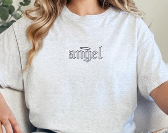 Embroidered Angel TShirt, Angel Wings Shirt, Women's Fashion, Angel on Earth Shirt, Cherub Angel Shirt, Trendy Fashion Shirt