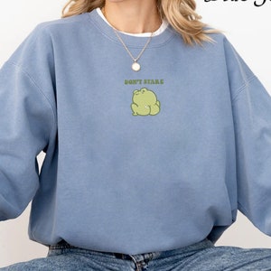 May include: A light blue sweatshirt with a green frog graphic and the text "Don't Stare".