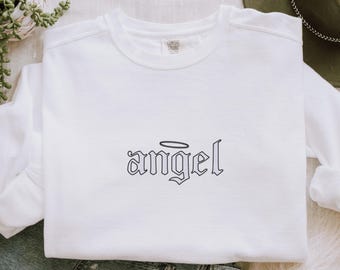 Embroidered Angel Sweatshirt, Angel Wings Crewneck, Women's Fashion, Angel on Earth Sweater, Cherub Angel Comfort Colors Sweat