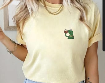 Embroidered Kermit the Frog T-Shirt, Frog Drinking Tea Shirt, Frog Tee, Animal Lover Gift, Frog Design, Funny Frog Tee , Comfort Colors Tee