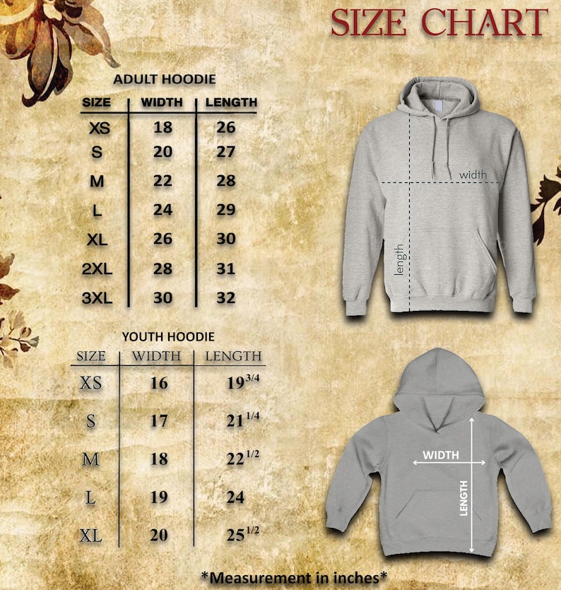 May include: A size chart for adult and youth hoodies. The adult hoodie sizes range from XS (18" width, 26" length) to 3XL (30" width, 32" length). Youth hoodie sizes range from XS (16" width, 19 3/4" length) to XL (20" width, 25 1/2" length).