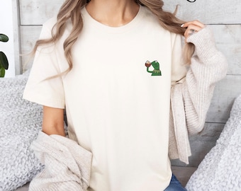 Embroidered Kermit the Frog T-Shirt, Frog Drinking Tea Shirt, Frog Tee, Animal Lover Gift, Frog Design, Frog Meme, Funny Frog T-Shirt