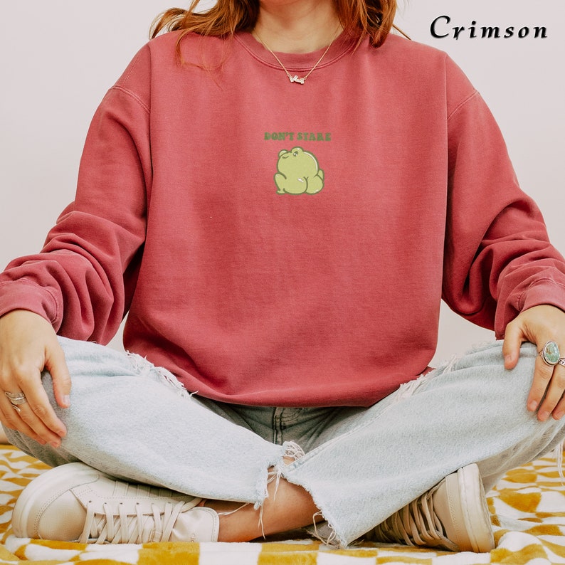May include: A crimson sweatshirt with a green frog graphic and the text "Don't Stare" in green letters.