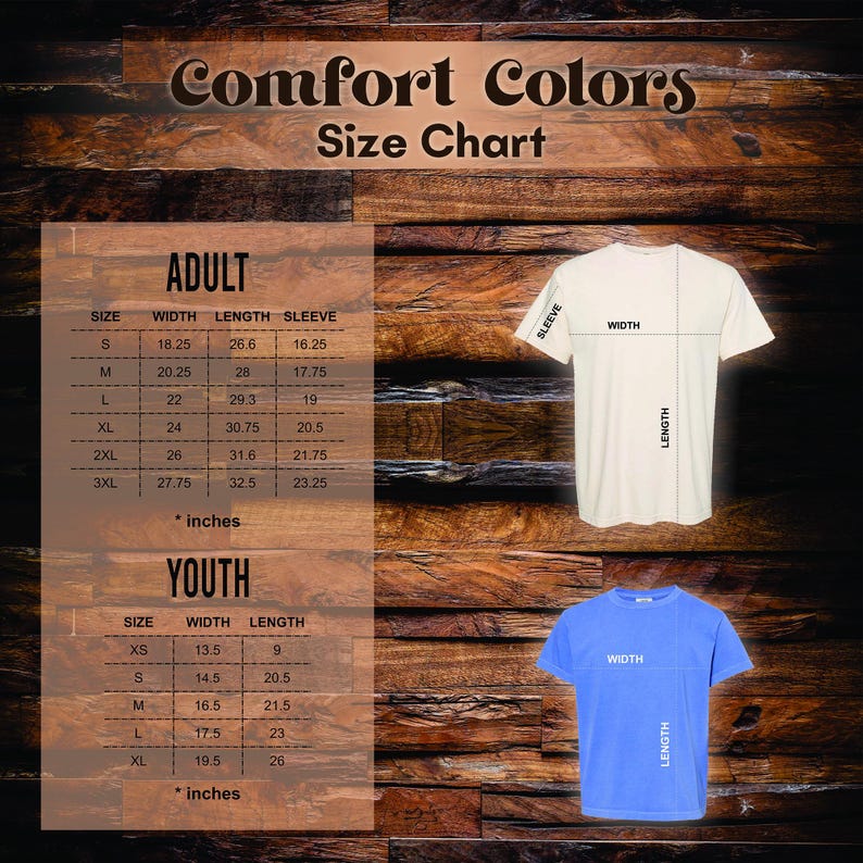 Puede incluir: Una tabla de tallas para camisetas Comfort Colors, con tallas para adultos y j&oacute;venes. La tabla incluye medidas de ancho, largo y largo de manga en pulgadas. Se muestran dos camisetas, una crema y otra azul, con etiquetas que indican el ancho y el largo.