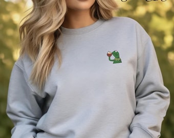 Embroidered Kermit the Frog Sweatshirt, Frog Drinking Tea Sweat, Frog Sweat, Animal Lover Gift, Frog Design, Frog Meme, Funny Frog Sweater