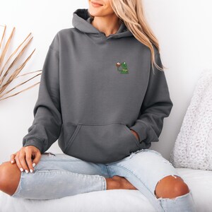 May include: A charcoal gray hoodie with a kangaroo pocket and a drawstring hood. The hoodie features a small embroidered design of a green frog holding a drink. The model is wearing light blue jeans.
