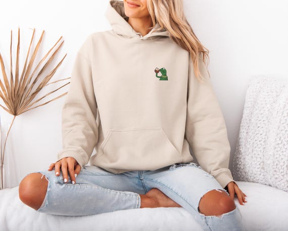 Embroidered Kermit the Frog Hoodie, Frog Drinking Tea Hoodie, Frog Hoodie, Animal Lover Gift, Frog Design, Frog Meme, Funny Frog Hoodie
