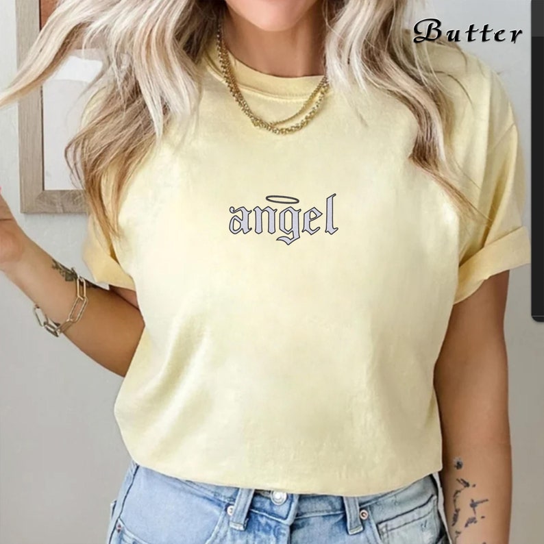 Embroidered Angel TShirt, Angel Wings Shirt, Women's Fashion, Angel on Earth Shirt, Cherub Angel Shirt, Trendy Fashion, Comfort Colors Tee