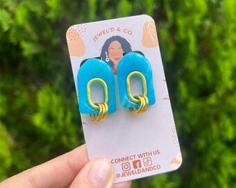 Mar Dangle | Turquoise Handmade Polymer Clay Earrings | Modern Geometric Earrings | Lightweight Gold Accent Jewelry | Coastal inspired