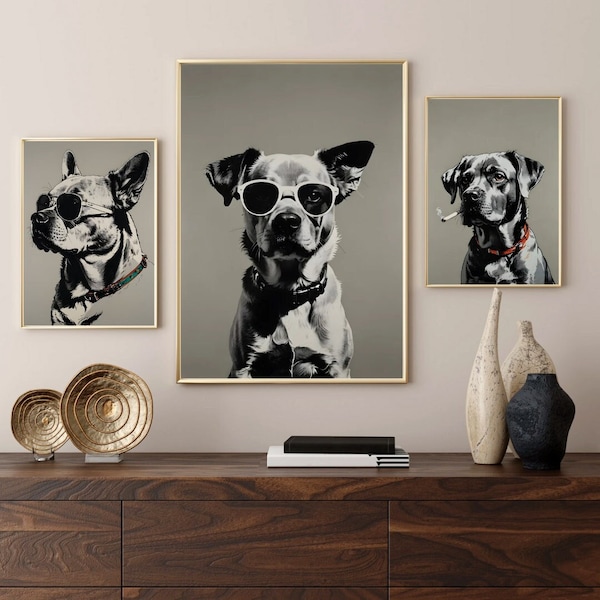 Dog Portraits Prints Set of 4 | Pop Art Style Printable Wall Art Set | Urban Modern | Dog Lover | Pet Lover | Cool Dog | Digital Download