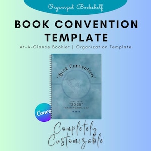 Könnte beinhalten: Eine blaue und weiße Broschürenvorlage für eine Buchmesse. Das Cover zeigt eine stilisierte Illustration eines Buches mit dem Text "Book Convention" und dem Datum "April 25-28, 2025" und dem Ort "Washington, D.C.". Der Text "Completely Customizable" befindet sich am unteren Rand des Covers.