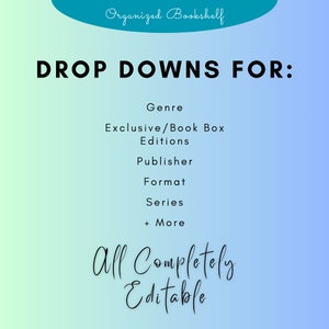 Peut inclure: Un graphique avec le texte "Organized Bookshelf" et "DROP DOWNS FOR:" en texte noir sur un fond d&eacute;grad&eacute; bleu et vert. Le texte "Genre", "Exclusive/Book Box Editions", "Publisher", "Format", "Series", et "+ More" est list&eacute; ci-dessous en texte noir.