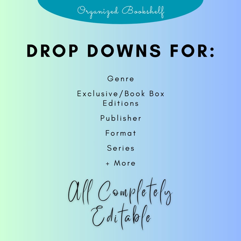 Peut inclure: Un graphique avec le texte "Organized Bookshelf" et "DROP DOWNS FOR:" en texte noir sur un fond d&eacute;grad&eacute; bleu et vert. Le texte "Genre", "Exclusive/Book Box Editions", "Publisher", "Format", "Series", et "+ More" est list&eacute; ci-dessous en texte noir.