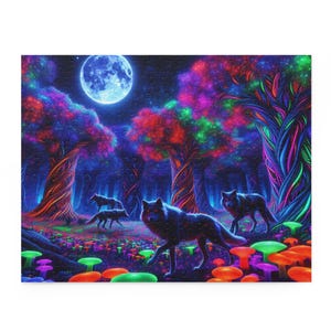 Puzzle, Psychedelic Forest Wolves Mushrooms, 252 500 Piece Jigsaw, Trippy Games, Challenging Puzzles, Stress Relief, Game Night, Fun Trips