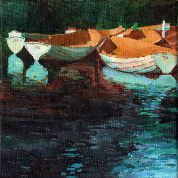 Boats  - Original painting on canvas green blue water reflections