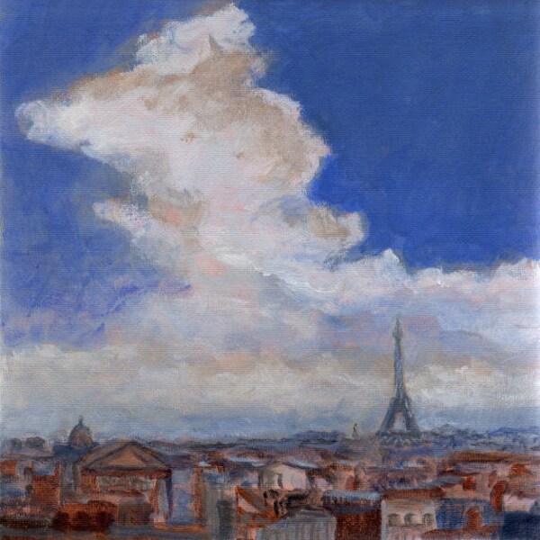 Paris on a Cloudy Day  - Original French Painting View of City Buildings Architecture Blue Tan Rust