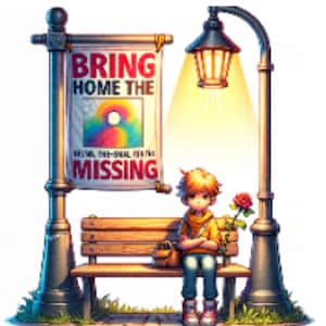 May include: A young person sits on a bench under a streetlight, holding a single red rose. A poster on the lamppost reads "Bring Home the Missing" with a rainbow graphic.