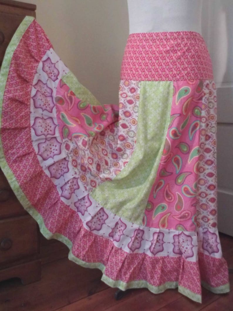 Girly Pinks Gathered Tiers Patchwork Maxi Skirt Bohemian image 1