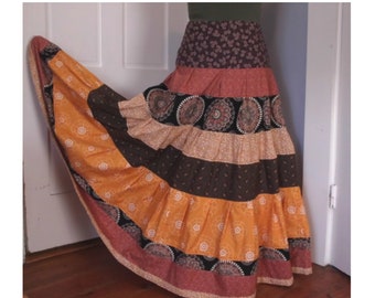 Gathered Tiers Patchwork Maxi Skirt in Browns and Gold