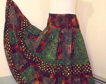 Patchwork Gathered Tiers Maxi Skirt in all Dark Batik Prints Hippie Bohemian