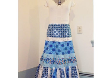 Blues Patchwork Gathered Tiers Maxi Skirt Hippie Bohemian