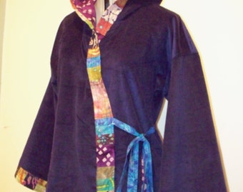 Navy Blue Corduroy with Batik Patchwork Kimono Style Hooded Wrap Jacket Hippie Boho