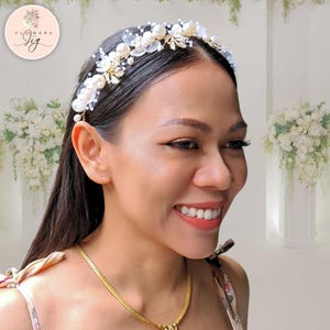 Bridal Headband, Pearl Beads, Gold Wire, and Polymer Flowers, Silver, Gold | Flower Girl & Bridesmaid Accessory, Wedding Hair accessories