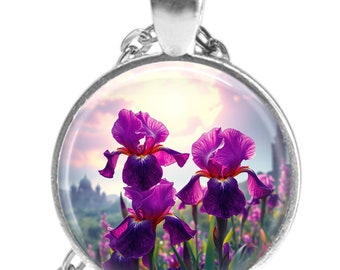 Irises Necklace, Photo Pendant , Nature's beauty, Steel round 25 / 30mm, Glass dome, Handmade Jewelry