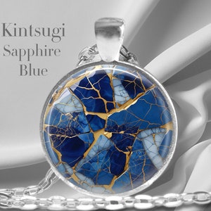 Kintsugi Sapphire Blue Quote Photo Necklace, Handmade Jewelry