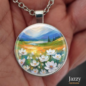 Beautiful Anemone Flower Pendant Necklace, Handmade Floral Jewelry, Glass dome, Handmade Jewelry, Floral, Landscape