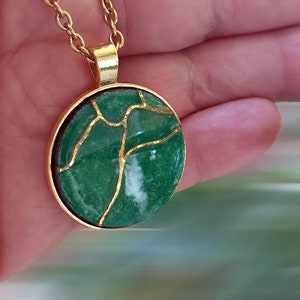 Kintsugi Emerald Green Wooden carved gold plated Necklace, Handmade Jewelry, Japanese Art, Quote Pendant