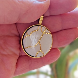 Kintsugi White Gold-Plated Necklace, Wooden Pendant, Handmade Japanese Jewelry