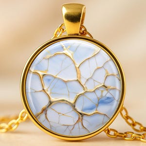 Kintsugi Gold White Quote Necklace, Handmade Jewelry, Glass Dome, Cabochon, Photo Pendant