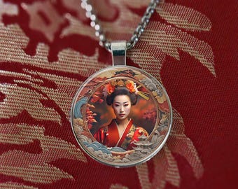 Geisha Wisdom Glass Dome Necklace, Handmade Pendant Gift