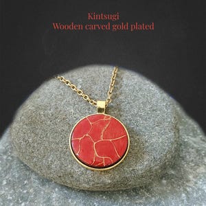 Kintsugi Red Gold-Plated Wooden Necklace, Handmade Japanese Art Jewelry