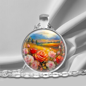 Roses Landscape Photo Pendant Necklace: Handmade Floral Oil Painting