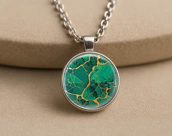 Kintsugi Emerald Green Quote Photo Necklace, Handmade
