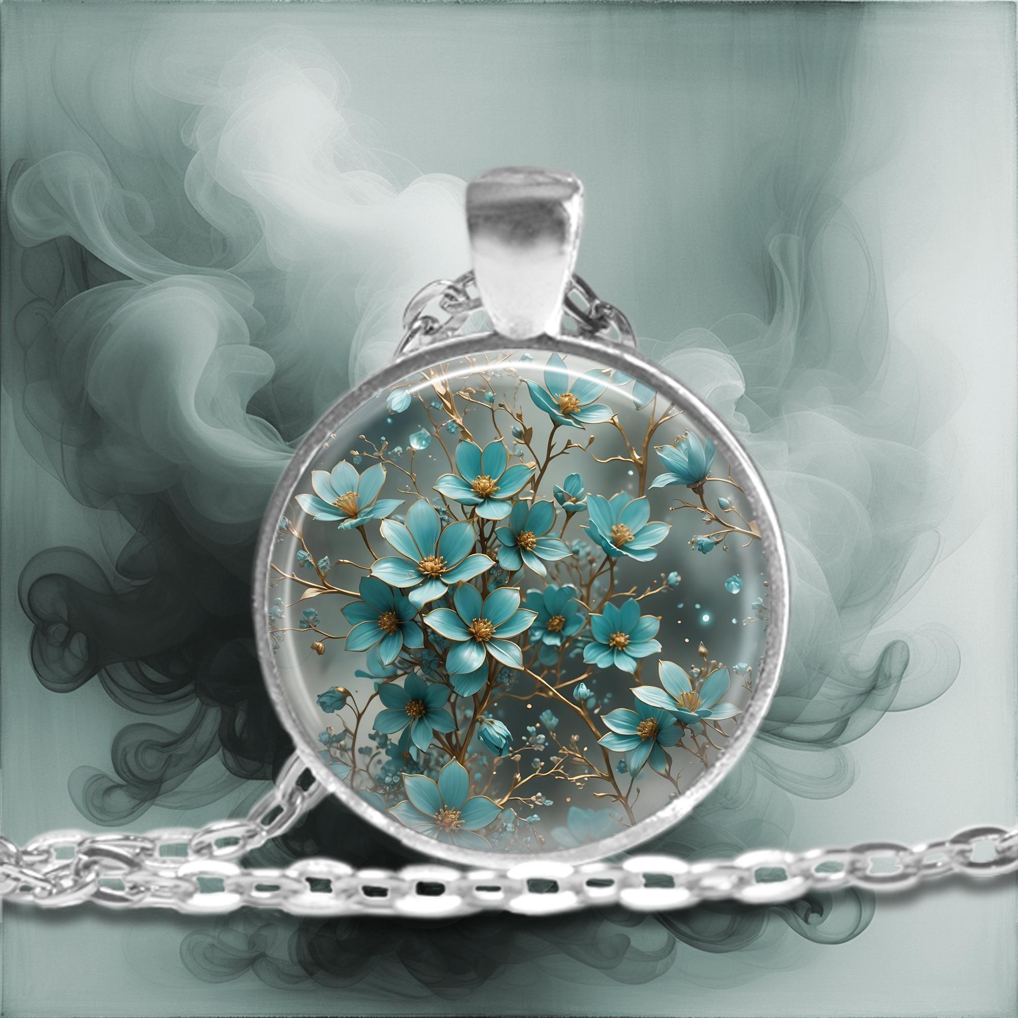 ターコイズフラワーフォトペンダント：ハンドメイドスチールネックレス